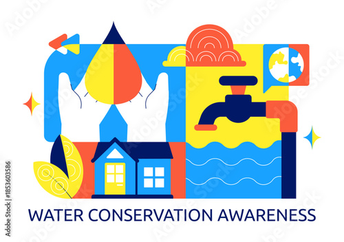 Water Conservation Awareness Vector Illustration Featuring Sustainable Usage Environmental Protection For Future Generations Background