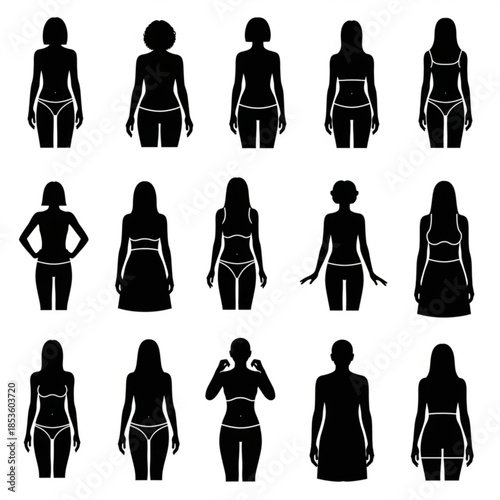 Collection of female body silhouettes in various poses and outfits