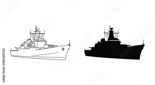 Detailed depiction of naval warships a line drawing and its corresponding dark silhouette