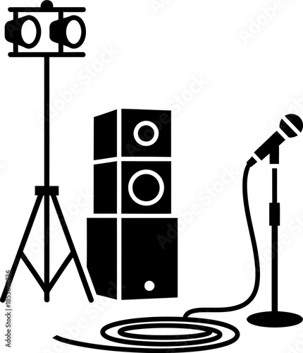 Sound equipment for live music performance with speakers and microphone