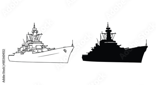 Detailed illustration of a battleship with a distinct black silhouette showcasing naval architecture