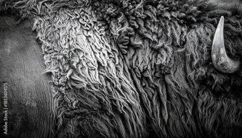 Close-up view of a textured, black-and-white illustration featuring a majestic animal with a prominent horn