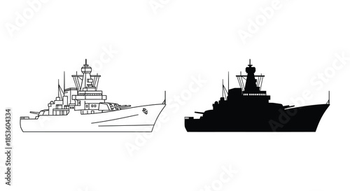 Detailed illustration showing a warship alongside its bold black silhouette representation a striking visual contrast