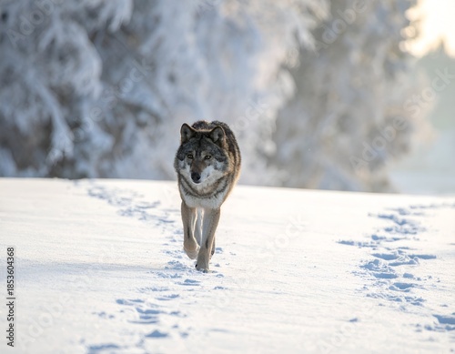 A wolf walks forward on a snowy field, with footprints, trees, and bright sky
