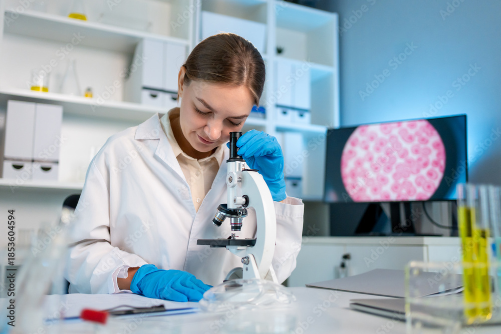 Fototapeta premium Caucasian female scientist in white lab coat working in the laboratory. 
