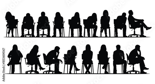 A collection of people seated in chairs depicted in a stark black and white silhouette