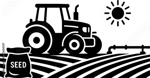 Tractor plants seeds in fertile field under sunny sky