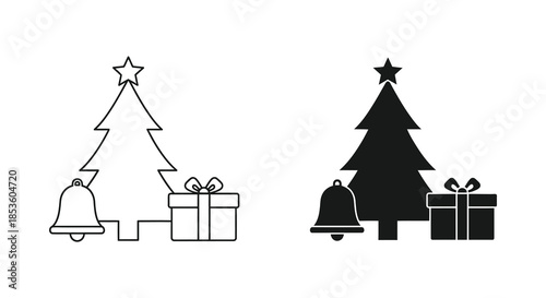 Festive holiday icons featuring christmas trees gifts and bells in contrasting styles silhouette