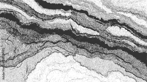 Black and white abstract topographic map pattern with dark river lines