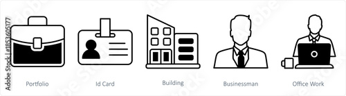 A set of 5 business icons as portfolio, id card, building