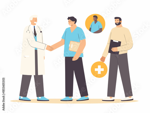 Doctor shaking hands with medical staff representing healthcare collaboration and trust