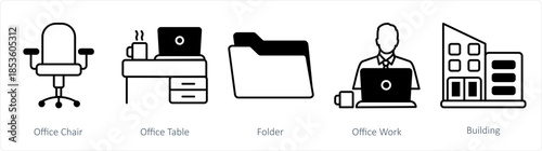 A set of 5 business icons as office chair, office table, folder