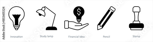 A set of 5 business icons as innovation, study lamp, financial idea