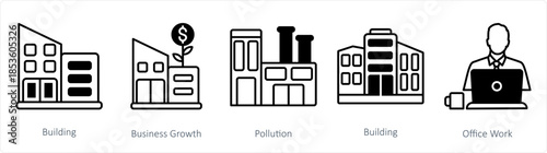 A set of 5 business icons as building, business growth, factory