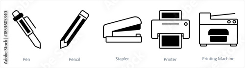 A set of 5 business icons as pen, pencil, stapler