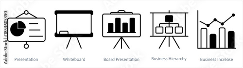 A set of 5 business icons as presentation, whiteboard, board presentation, business hierarchy