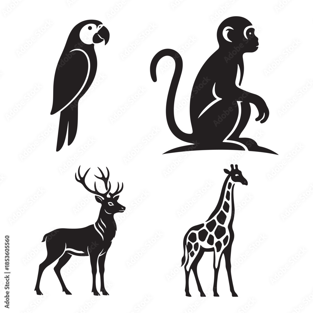 Fototapeta premium This image displays four stylized animal silhouettes arranged in a grid pattern against a plain white background. The black illustrations depict a parrot in the top-left, a sitting monkey 