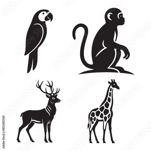 This image displays four stylized animal silhouettes arranged in a grid pattern against a plain white background. The black illustrations depict a parrot in the top-left, a sitting monkey 