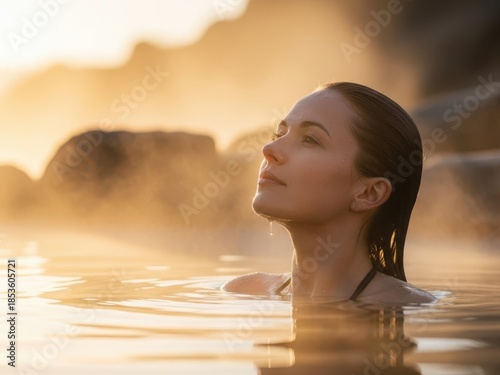 Woman relaxing in a hot spring with steam and sunset in the background