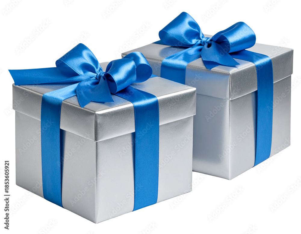Obraz premium Stacked Silver Gift Boxes with Flowing Blue Satin Ribbons, Angled Perspective, Isolated
