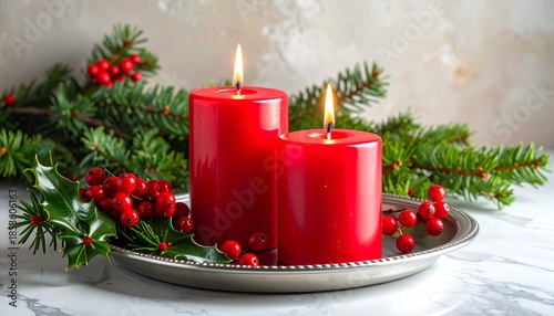 Two red candles burn brightly amidst festive greenery, red berries, and a silver tray