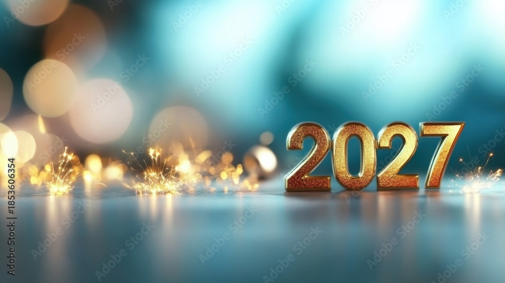 Fototapeta premium A stunning display showcases the year 2027 in brilliant gold against a soft blue background. Sparkling accents create a festive atmosphere, signaling a celebratory moment
