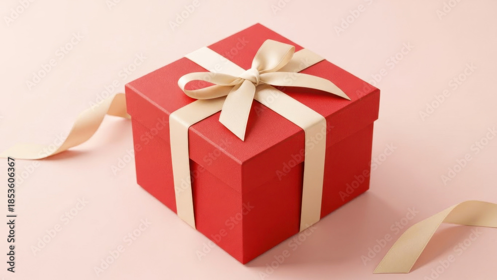Fototapeta premium Elegant red gift box with cream ribbon isolated on white background