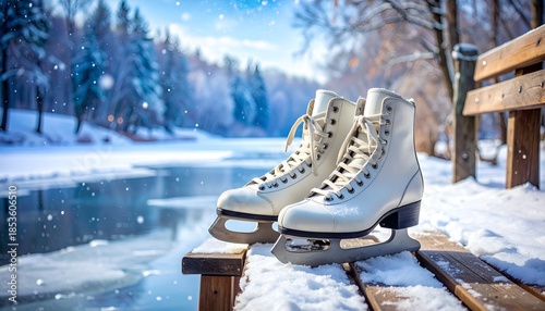 Pair of ice skates on a snowy bench overlooking a frozen lake in a winter scene