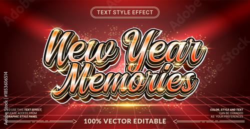 Editable text effect vector “New Year Memories” features festive bold 3D lettering with a joyful celebration mood, perfect for holiday posters, greetings, events, and promotions.