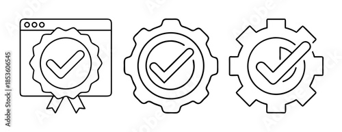 Quality assurance and settings process completion vector line art icons