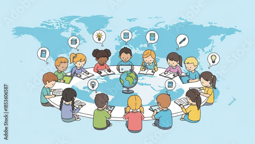 Diverse children sitting around a globe with laptops and books