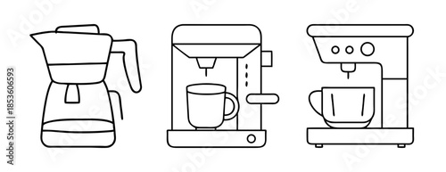 Coffee makers and espresso machines line art set, vector illustrations