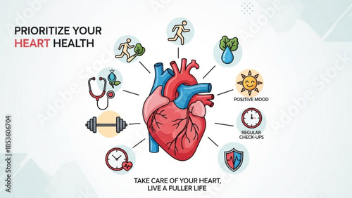Heart health concept with human heart and related icons around it