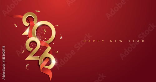 Chinese Happy New Year 2026 banner with golden text and ribbon on red background. Vector illustration.