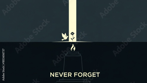 A dove and flower rise from a memorial flame with never forget
