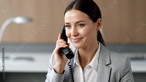 Close-up of a focused businesswoman speaking on a black landline phone in an office