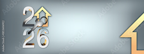 Creative 2026 New Year design template with golden keys and an abstract house symbol. 3D render illustration for a greeting card or banner.