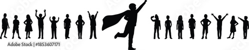 Children, superhero, silhouette, posture, gesture, cape, setup, vector, black, pose, flavector, minimal, 
