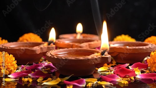 Lit clay diyas adorned with flowers and petals, emitting smoke