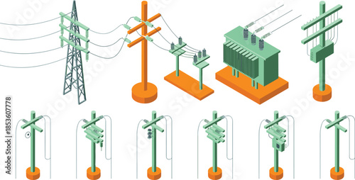 Isometric electric power transmission icons set, utility poles transformers high voltage lines, electricity distribution infrastructure, energy grid, vector illustration