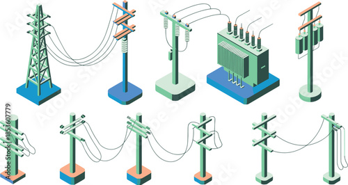 Isometric electric power transmission icons set, utility poles transformers high voltage lines, electricity distribution infrastructure, energy grid, vector illustration