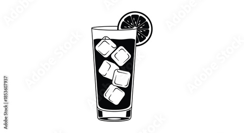 A refreshing dark beverage with citrus and ice cubes presented in a tall glass silhouette