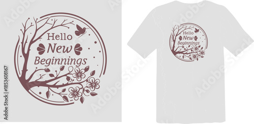 Hello New Beginnings Inspirational Quote T-Shirt Design - Spring Floral Illustration with Tree Branches and Butterflies
