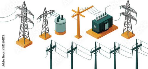 Isometric electrical infrastructure icons set, power poles pylons transformers, electricity transmission and distribution network, utility grid elements, vector illustration