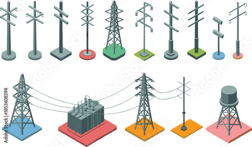 Isometric electrical infrastructure icons set, power poles transmission towers transformers substations, electricity distribution network, utility grid, modern energy illustration