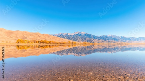 Reflection of mountains and trees in still water under blue sky