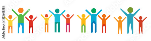 Diverse people raising arms together celebrating unity diversity inclusion joy