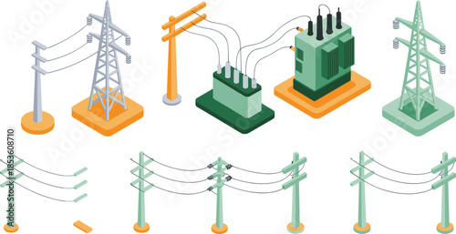 Isometric electrical power infrastructure illustration set, transmission towers utility poles transformers, electricity distribution network, energy grid components, vector design