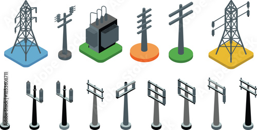 Isometric electrical infrastructure icons set, power poles transmission towers transformers, electricity distribution network, utility grid elements, modern energy vector illustration