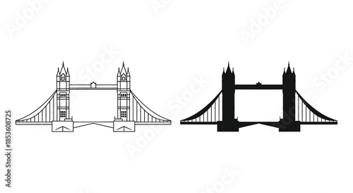 Detailed illustration of tower bridge showcasing both a standard view and its striking silhouette